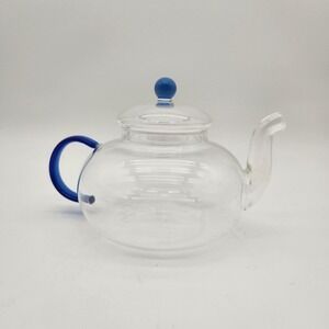 NWOT Clear‎ Glass Teapot With Stunning Cobalt Blue Handle And Lid Knob Accents